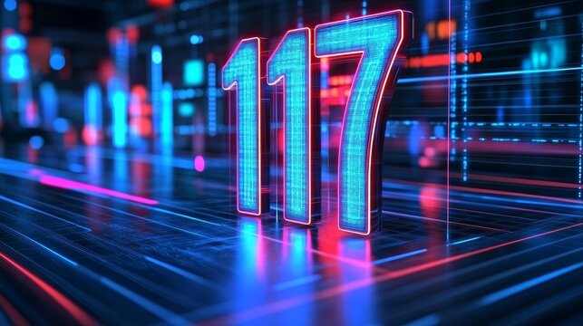 Glowing Digital Number 117 on Futuristic Technological Background, Abstract 3D Illustration