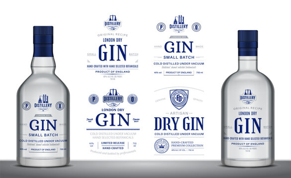 Vector gin minimalistic labels and gin glass bottle mockups