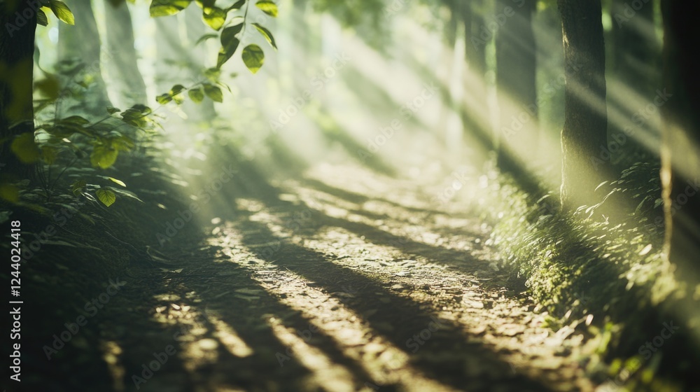 Poster a winding path in a sunny forest with trees and foliage