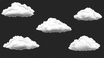 White fluffy clouds collection; dark background; design element