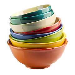 Colorful stack of ceramic bowls kitchenware dishes cooking set red food on transparent background