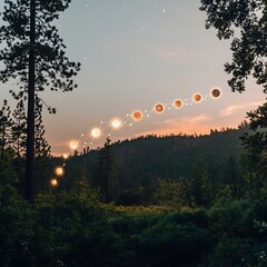 Lunar Phases Over Forest Silhouette At Sunset