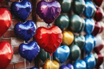 A bunch of heart-shaped balloons hanging from a brick wall, perfect for romantic occasions or decorations