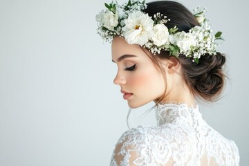 Portrait of a woman wearing a floral crown, possibly for a special occasion or festival