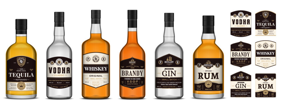 Vector alcoholic drink labels and bottles. Whiskey, vodka, tequila, rum, brandy and gin labels