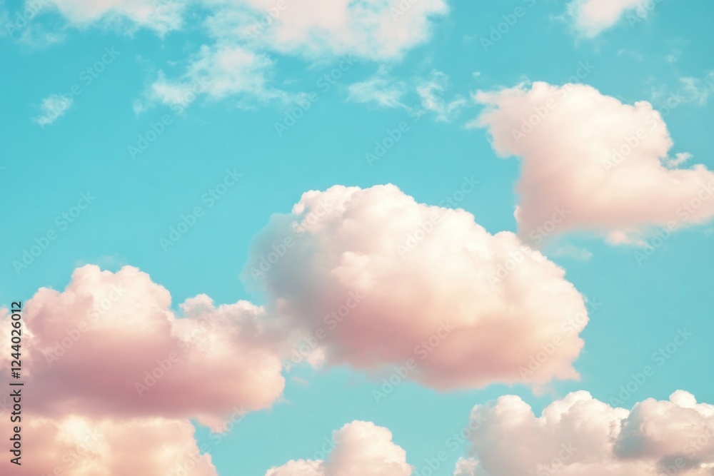 Poster aerial view of a plane flying through a cloudy blue sky with some clouds and sunlight