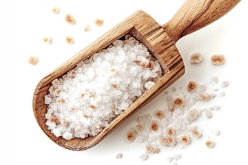 A wooden scoop filled with sea salt sitting on a white background