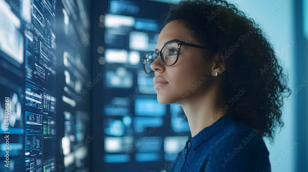 Poster female tech expert collaborating on digital platform to resolve client issue