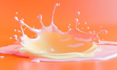 Peach and yellow liquid splash on orange background, perfect for food or drink advertising