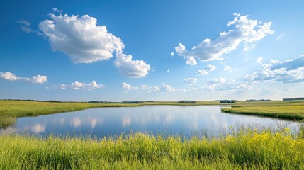 Summer pond, prairie landscape, sunny sky, calm water, nature background, ideal for travel brochures