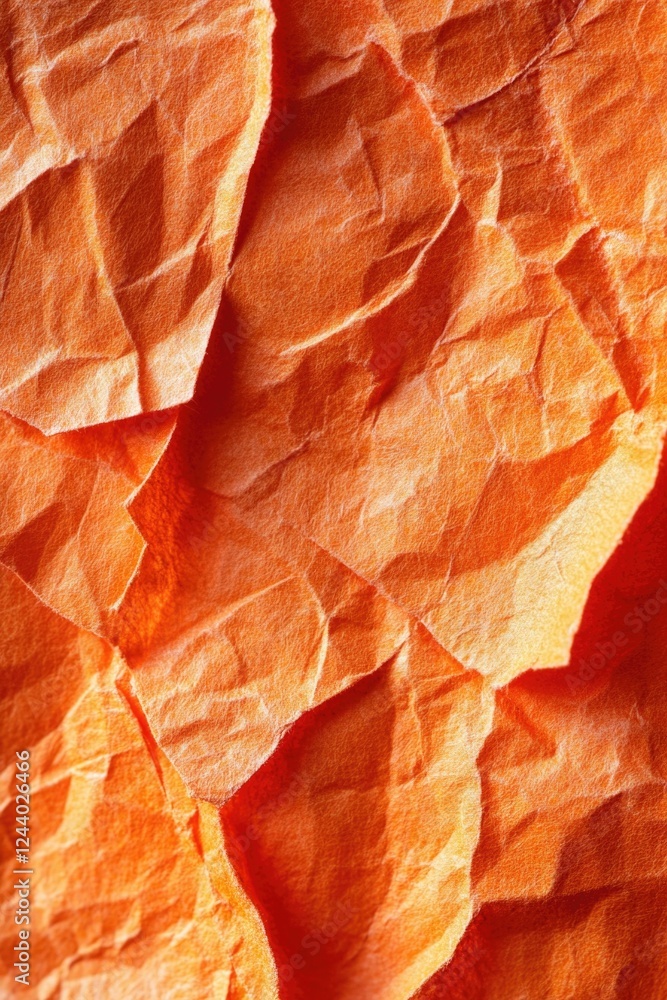Poster a detailed view of an orange paper fragment with fibers and texture visible