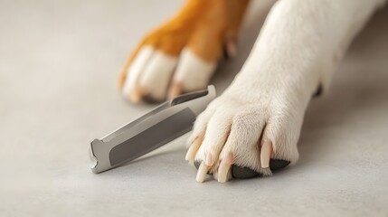 Obraz premium Close-Up Specialized Pet Nail Clipper with Safety Guard Next to Dog Paw