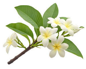 Fototapeta premium Frangipani branch with blooming white flowers and green leaves, isolated on white background.