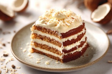 A slice of cake on a white plate, perfect for a sweet treat or dessert display