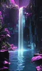 Fototapeta premium Mystical waterfall cascading into vibrant pool surrounded by neon flora in an enchanted realm