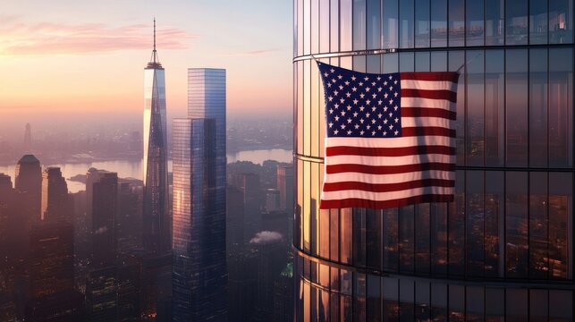 A large American flag hangs from the side of a tall building, often used for patriotic events or celebrations