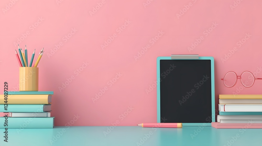 Poster digital learning displayed on tablet screen with study materials,3d