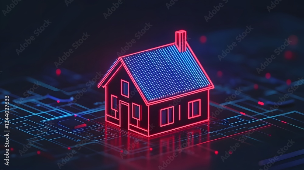 Poster smart home with iot devices controlled via online app - 3d of futuristic residential building
