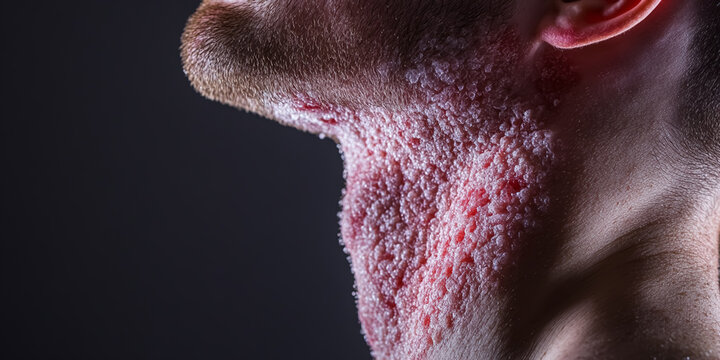 A close-up of heat rash on the chest, showing tiny red bumps caused by sweat and friction. 