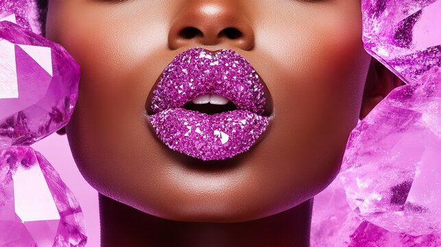 Glamorous Sparkle: A close-up shot of a woman's full lips, adorned with glittering purple glitter, against a backdrop of shimmering pink crystals.