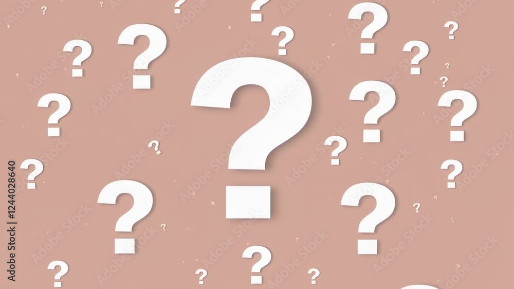 Poster Numerous white question marks of varying sizes float against a textured, dusty pink backdrop, creating a visual representation of inquiry, uncertainty, and the search for answers