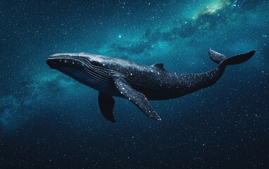 Obraz premium A majestic humpback whale swimming gracefully through a starry ocean.