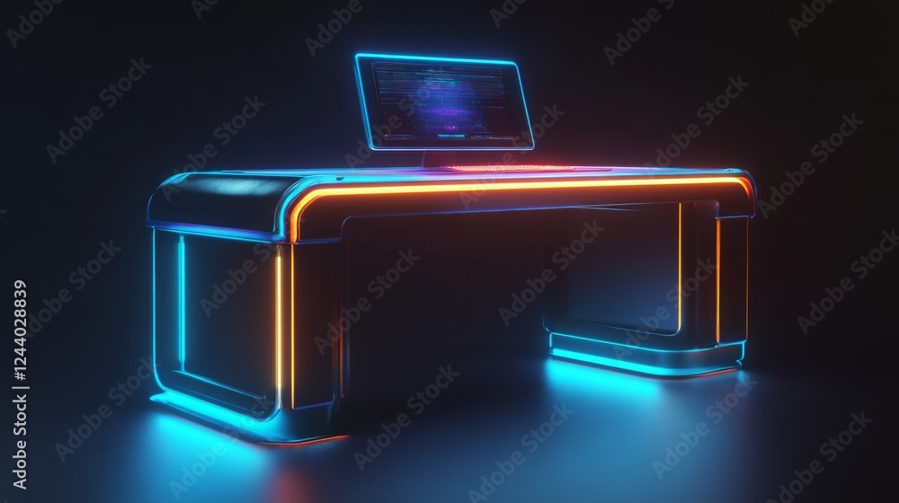 Poster futuristic workspace: a neon-lit desk with computer in a cyberpunk inspired setting