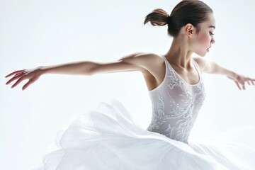 Naklejka premium A woman in a beautiful white dress is dancing in front of a colorful background