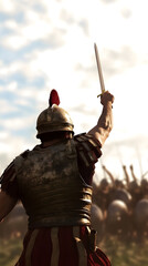 A Roman centurion standing in front of his troops, raising his sword to signal the start of a great battle.


