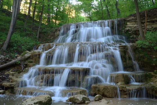 A serene waterfall surrounded by lush greenery in a dense forest