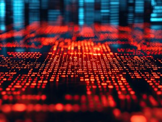 Data visualization event abstract red digital matrix virtual environment close-up viewpoint for tech insights