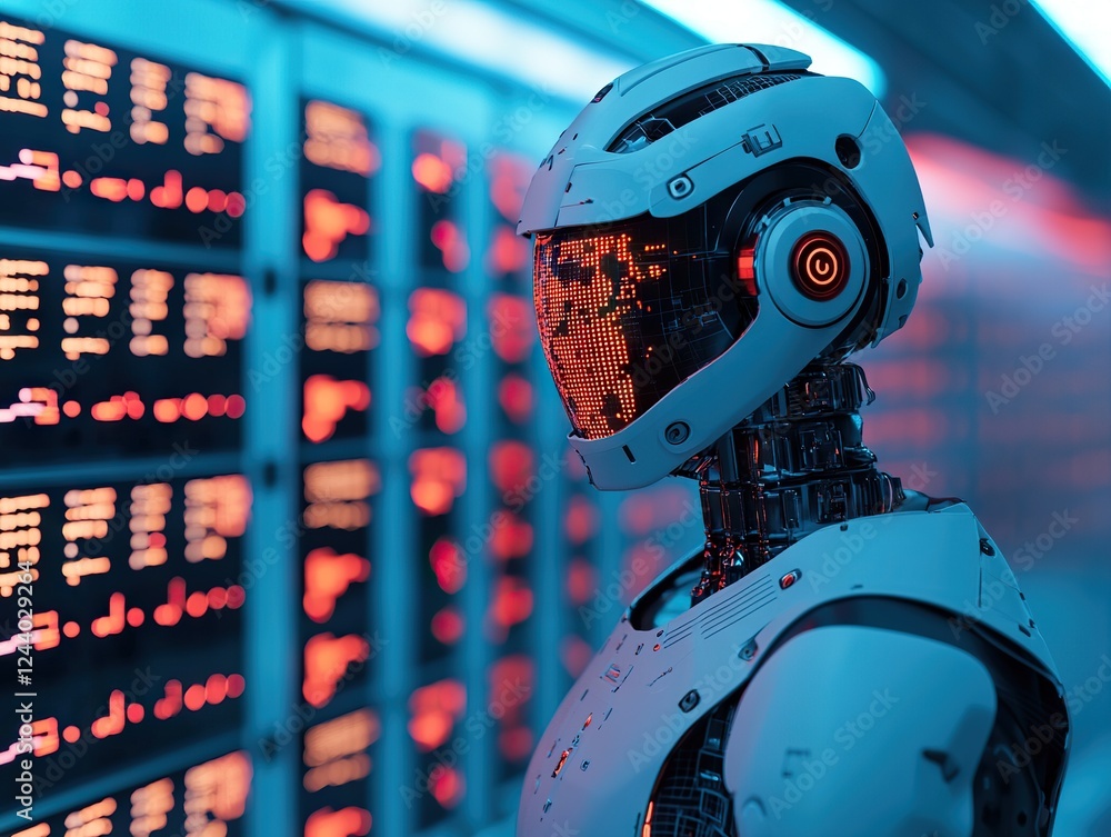 Poster futuristic robot in data center technology exploration digital environment close-up perspective