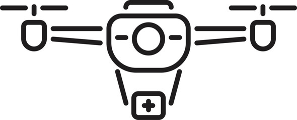 Simple line drawing of a drone carrying medical supplies, ideal for representing fast delivery of first aid kits in emergencies