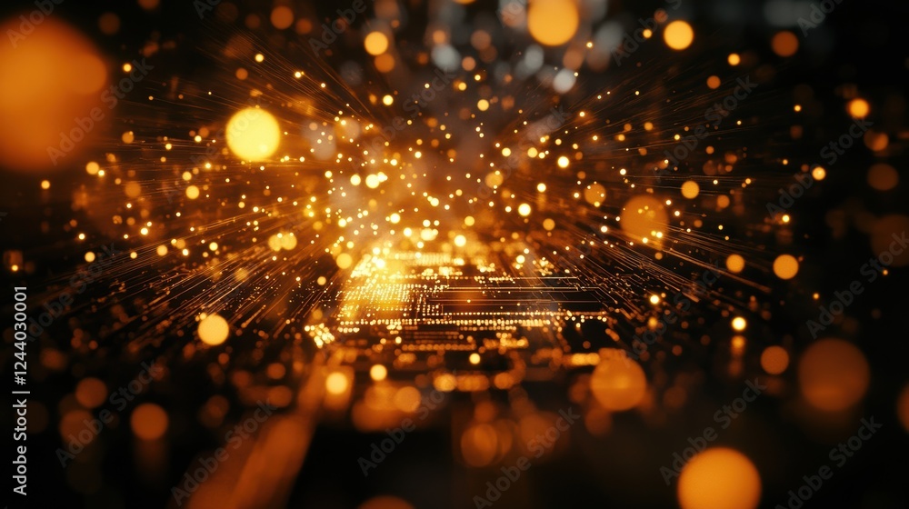 Poster golden particles emanating from motherboard represent innovative engineering in computer technology,
