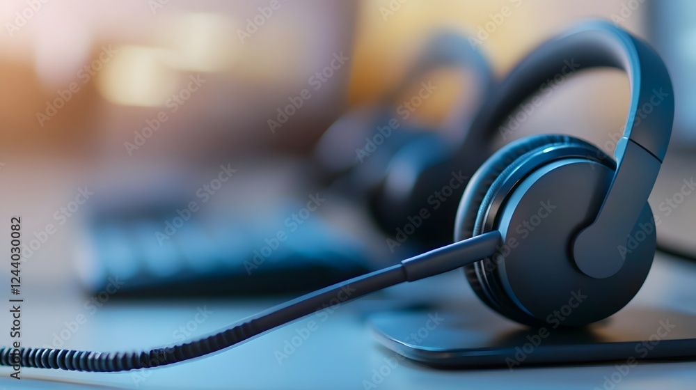 Aufkleber customer support representative providing technical assistance through headset and computer setup