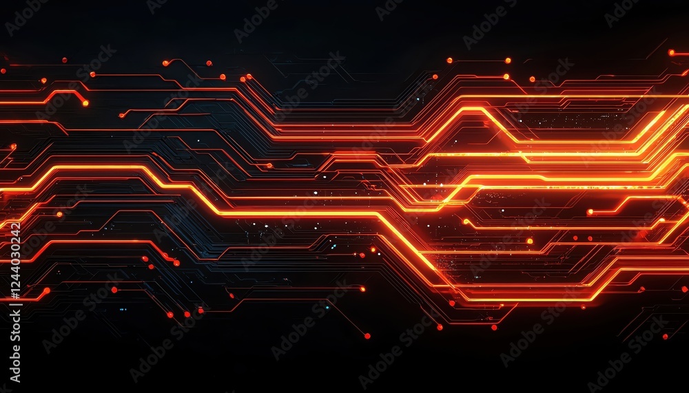 Poster dynamic circuit board design with glowing orange lines on a dark background.