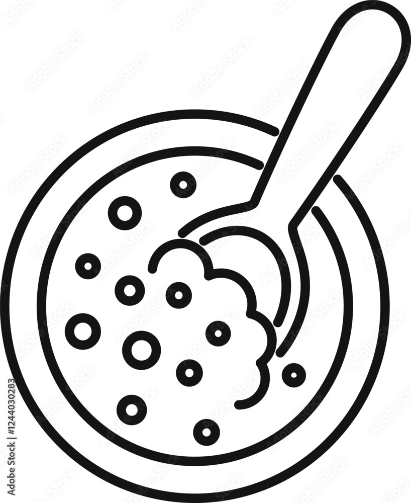 Poster lumpy cereal being scooped from bowl with spoon in simple outline style