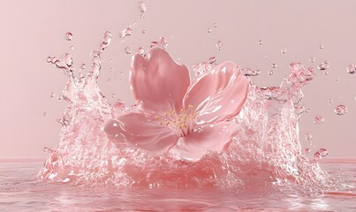 Pink cherry blossom splashing in water; serene background, ideal for beauty or spa products