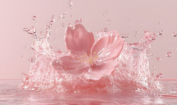 Pink cherry blossom splashing in water; serene background, ideal for beauty or spa products