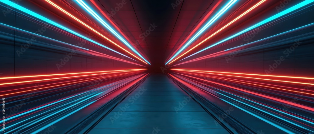 Poster dynamic tunnel with vibrant blue and red neon lights creating an immersive effect.