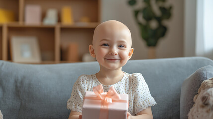 a child with cancer holds a gift, help and volunteering, a holiday gift	