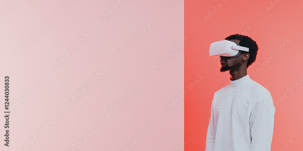 Poster exploring virtual reality technology creative studio digital art modern environment side view innova