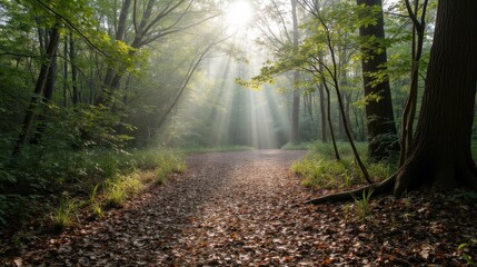 Obraz premium Sunlight Streaming Through Trees in Serene Forest Pathway