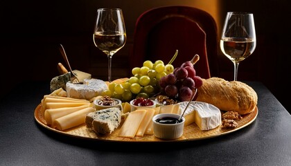 plateau de fromage &agrave; partager avec du pain, du raisin, des noix en ia, plateau gourmand avec des verres de vin