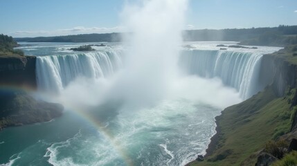 Majestic Niagara Falls with Rainbow and Mist in Bright Sunshine
