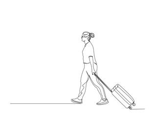 Continuous one line drawing of woman walking with suitecase. Traveller and Travel bag in single line draw illustration. Editable stroke.
