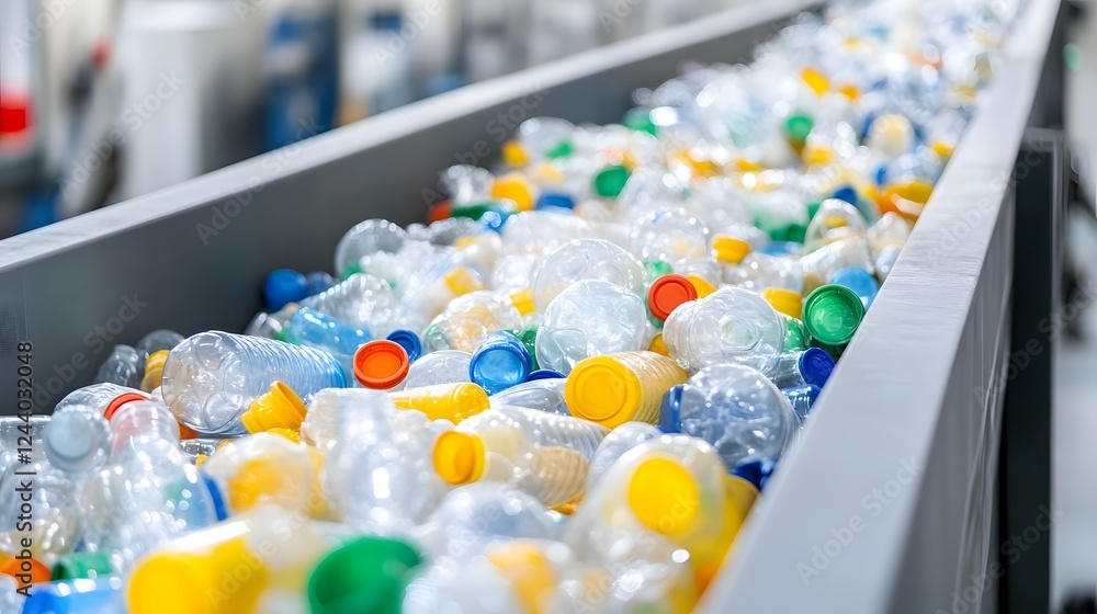 Poster close-up of plastic bottles recycling machine sorting and processing stages