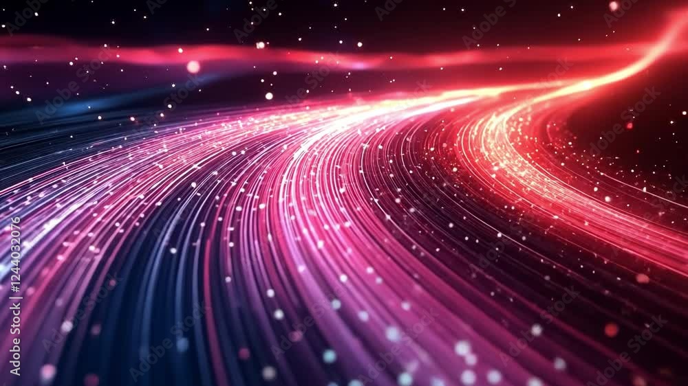 Poster cosmic flow: a mesmerizing digital abstract of vibrant red and blue light streaks intertwining in a 