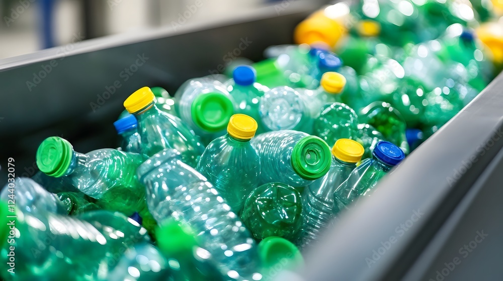 Poster plastic bottles being sorted and processed in a recycling machine