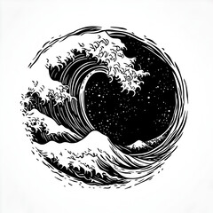 Abstract Wave logo in black and white engraving style